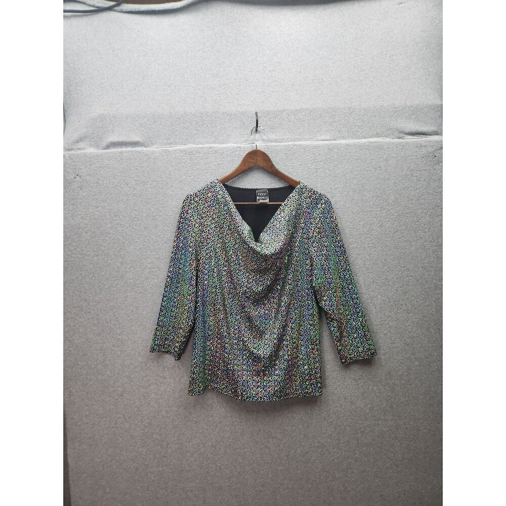 VTG Coco Bianco Womens Sparkly Metallic Multicolor Top W/ Cowl Neck 3/4 Sleeves